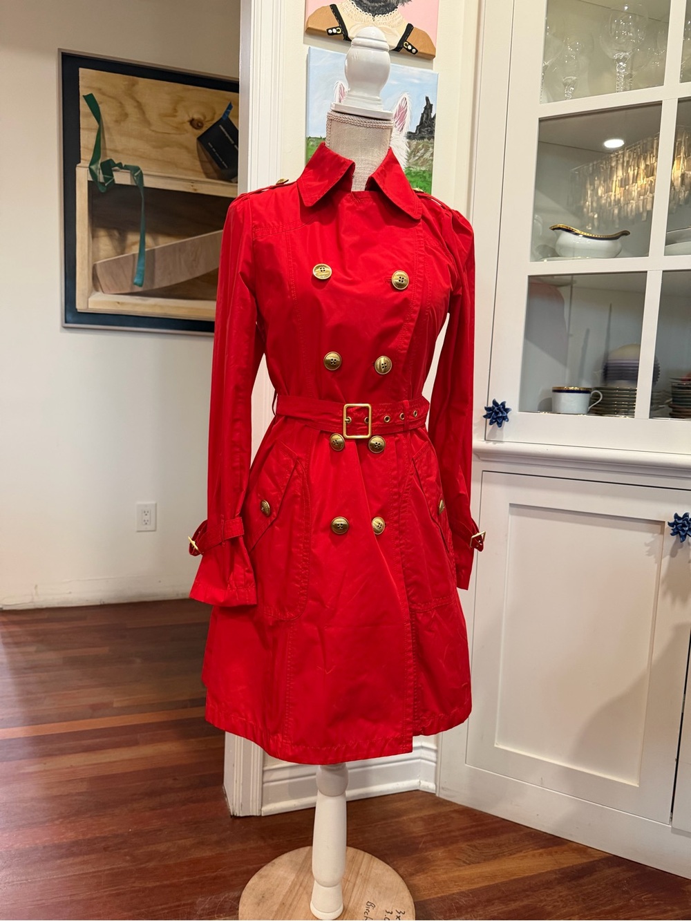 Burberry Red Double-Breasted Trench Coat with Gold Buttons - Picture 7 of 10